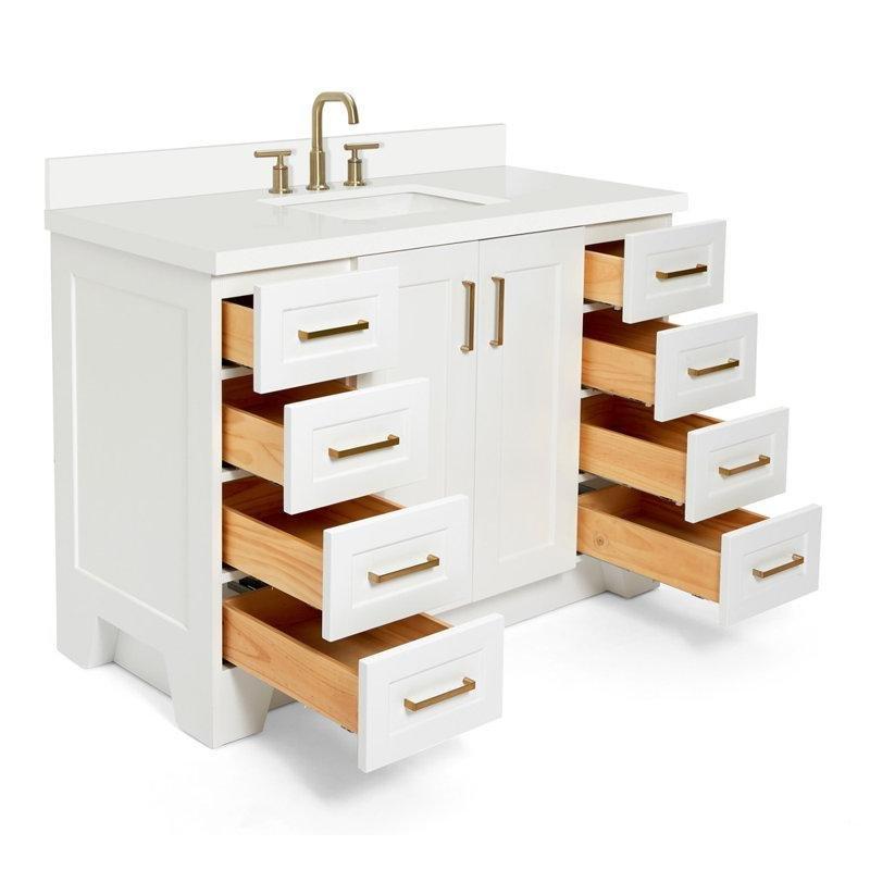 Beyaz Masif Ahşap Kuvars Tezgahlı Yavaş Kapanır Çekmeceli Banyo Lavabo Dolabı - 125 cm - 198581