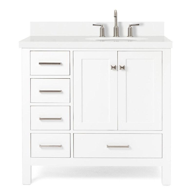 Beyaz Masif Ahşap Kuvars Tezgahlı Yavaş Kapanır Çekmeceli Banyo Lavabo Dolabı - 94 cm - 198933