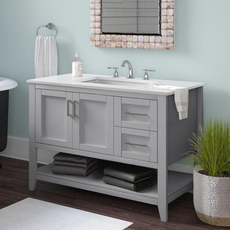 Beyaz Masif Ahşap Mermer Kompozit Tezgahlı Açık Raflı 3 Kapaklı Banyo Lavabo Dolabı - 107 cm - 202062