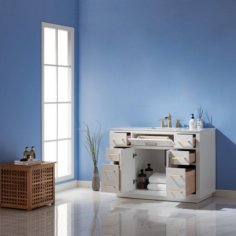 Beyaz Masif Ahşap Mermer Tezgahlı 7 Çekmeceli Ayaklı Banyo Lavabo Dolabı - 122 cm - 201823