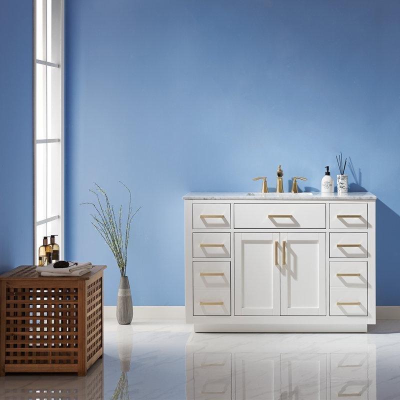 Beyaz Masif Ahşap Mermer Tezgahlı 7 Çekmeceli Ayaklı Banyo Lavabo Dolabı - 122 cm - 201823