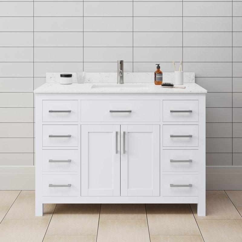 Beyaz Masif Ahşap Mermer Tezgahlı Ayaklı Çekmeceli Banyo Lavabo Dolabı - 122 cm - 199830