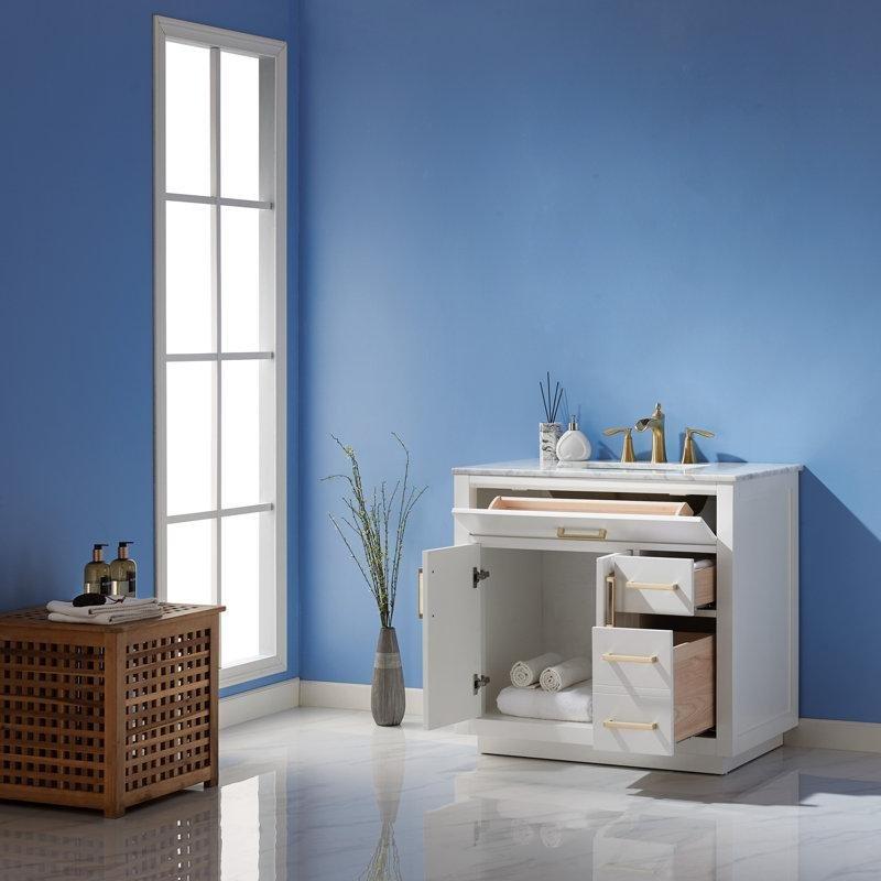 Beyaz Masif Ahşap Mermer Tezgahlı Çekmeceli Banyo Lavabo Dolabı - 92 cm - 199167