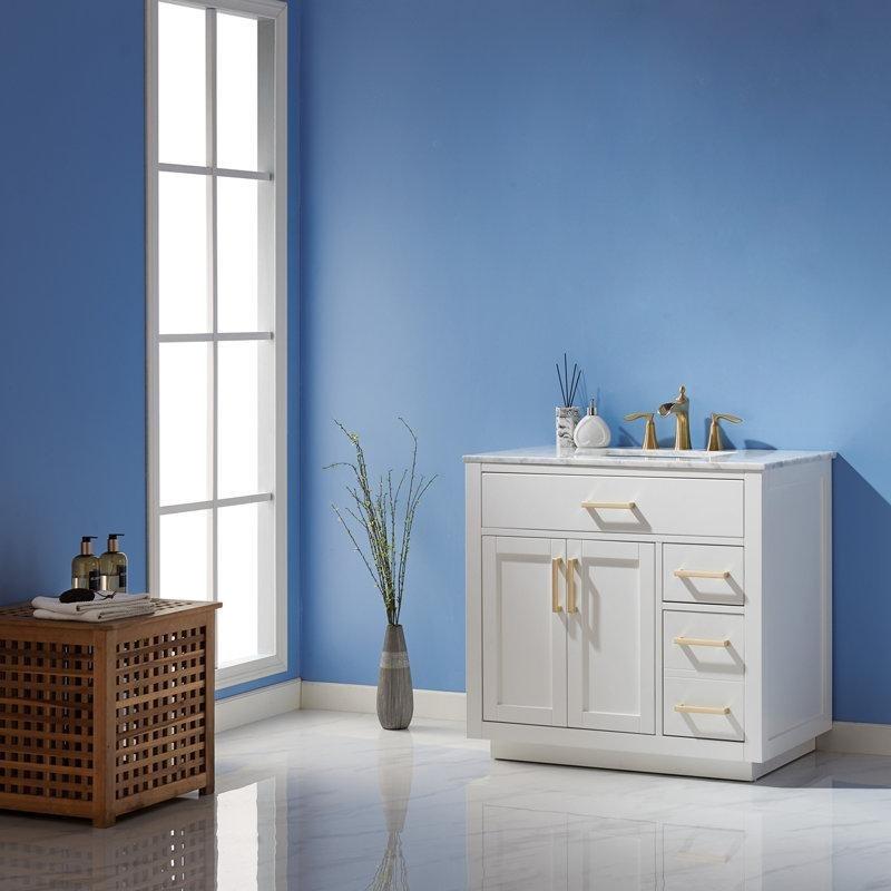 Beyaz Masif Ahşap Mermer Tezgahlı Çekmeceli Banyo Lavabo Dolabı - 92 cm - 199167