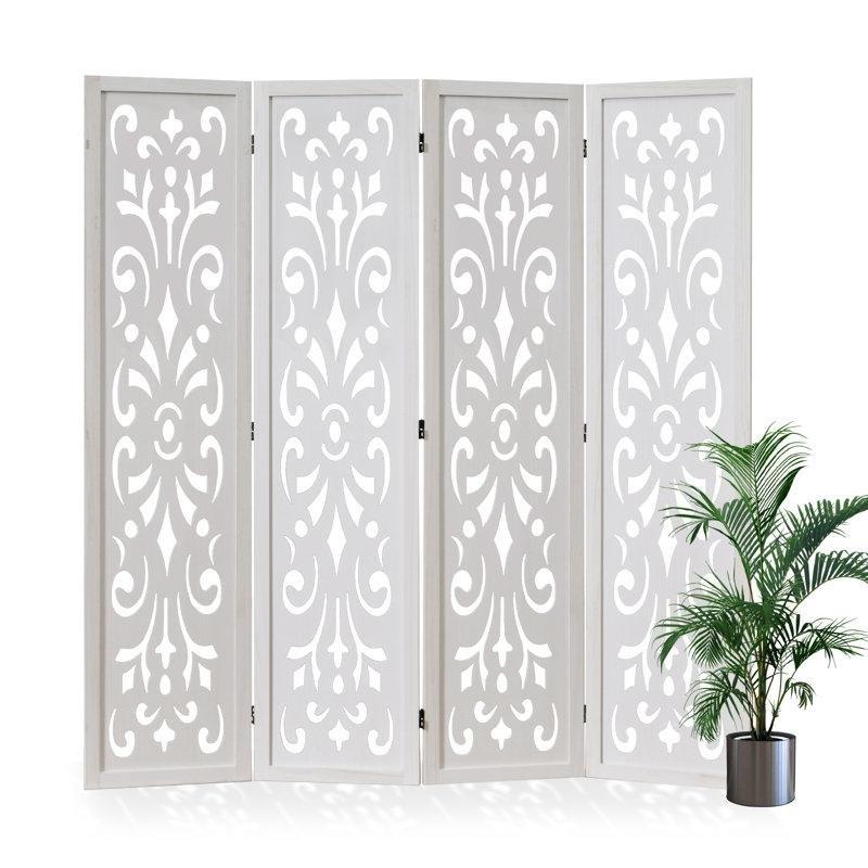 Beyaz Masif Ahşap Oymalı 4 Panelli Katlanır Paravan - 171x161 cm - 184770
