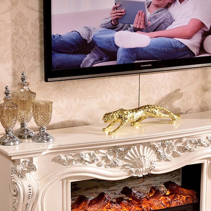 Beyaz Masif Ahşap Oymalı Elektrikli Şömineli TV Ünitesi - 160 cm - 219902