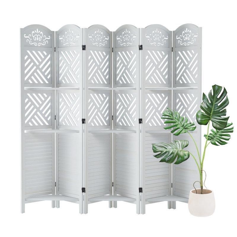 Beyaz Masif Ahşap Oymalı Panjurlu Raflı Katlanır Paravan - 176x240 cm - 184366