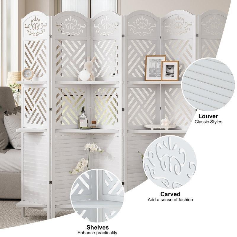 Beyaz Masif Ahşap Oymalı Panjurlu Raflı Katlanır Paravan - 176x240 cm - 184366