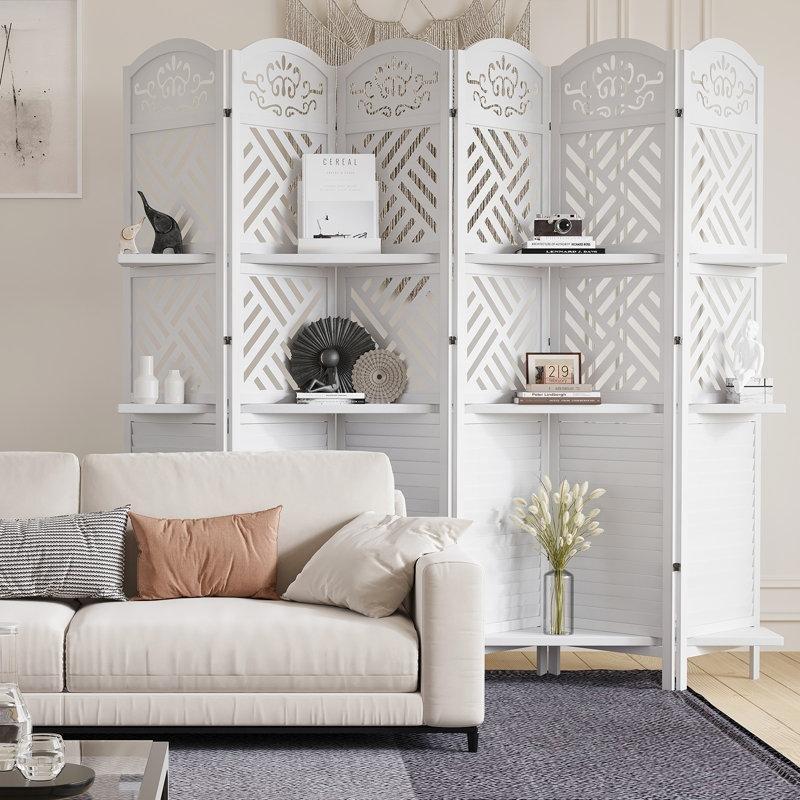 Beyaz Masif Ahşap Oymalı Panjurlu Raflı Katlanır Paravan - 176x240 cm - 184366