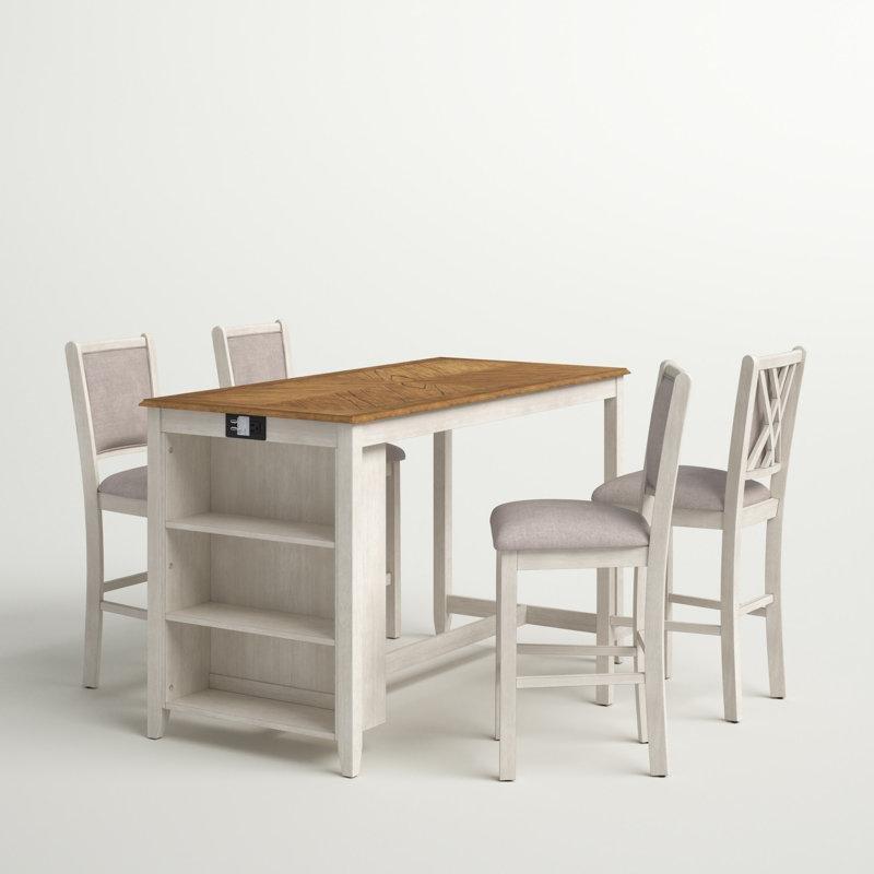 Beyaz Masif Ahşap Raflı 4 Sandalyeli Bar Masası Seti - 153x77 cm - 231494