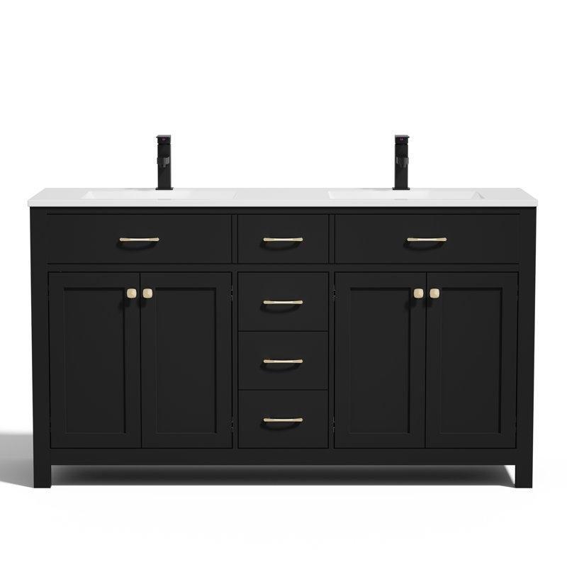 Beyaz Masif Ahşap Reçine Tezgahlı Çift Lavabolu Ayaklı Banyo Lavabo Dolabı - 153 cm - 197741