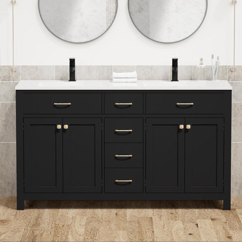 Beyaz Masif Ahşap Reçine Tezgahlı Çift Lavabolu Ayaklı Banyo Lavabo Dolabı - 153 cm - 197741