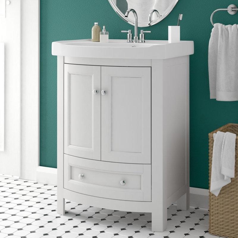 Beyaz Masif Ahşap Seramik Tezgahlı Çekmeceli Ayaklı Banyo Lavabo Dolabı - 61 cm - 201949