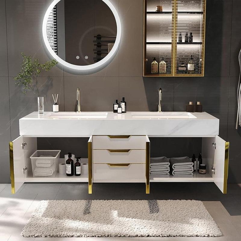 Beyaz Masif Ahşap Sinterlenmiş Taş Tezgahlı Çift Çanak Lavabolu Duvara Monte Banyo Dolabı - 150 cm - 197563