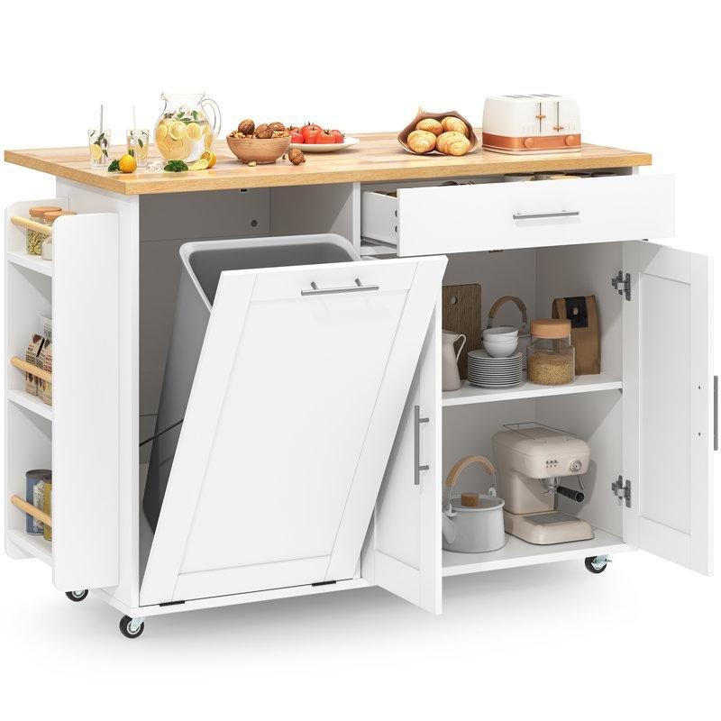 Beyaz Masif Ahşap Tekerlekli ve Açılır Tezgahlı Çöp Bölmeli Mutfak Adası - 137 cm - 176947