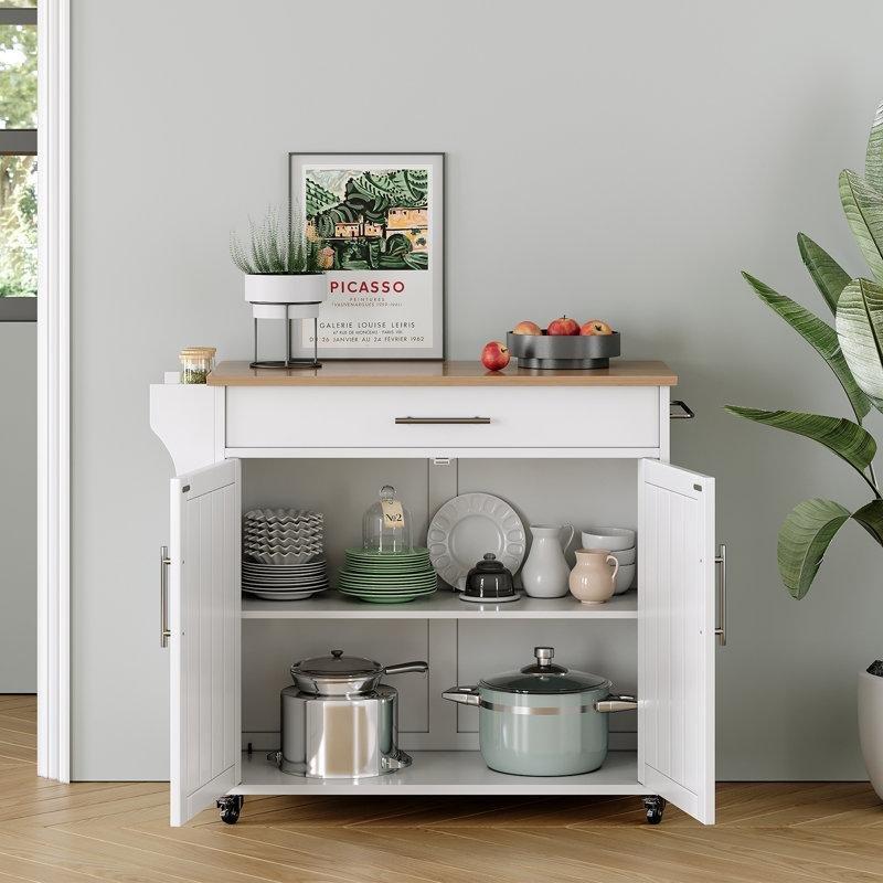 Beyaz Masif Ahşap Tezgahlı Tekerlekli ve Çekmeceli Mutfak Adası - 89 cm - 176881