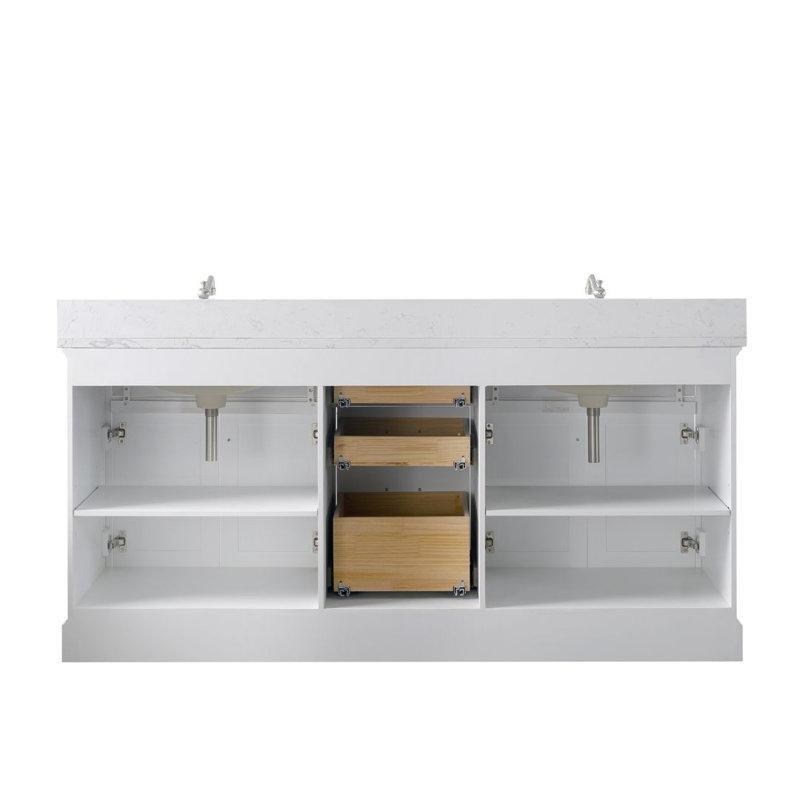 Beyaz Masif Ahşap ve MDF Çift Lavabolu Ayaklı Banyo Dolabı Kompoze Taş Tezgahlı - 183 cm - 201462