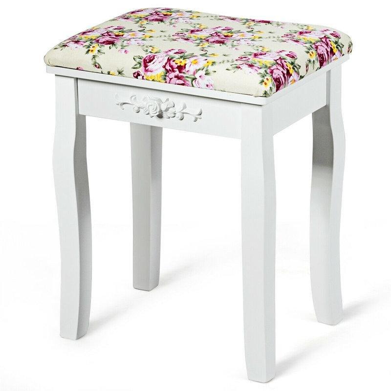 Beyaz Masif Ahşap ve MDF Güllü Kumaş Kıvrımlı Bacaklı Makyaj Masası Pufu - 41x31 cm - 233536