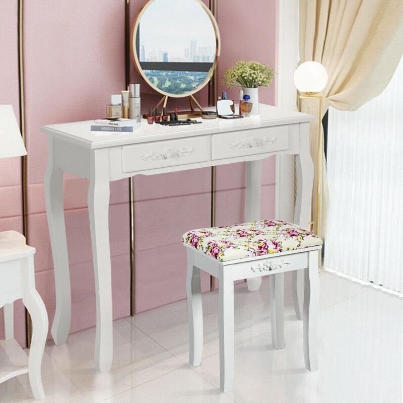Beyaz Masif Ahşap ve MDF Güllü Kumaş Kıvrımlı Bacaklı Makyaj Masası Pufu - 41x31 cm - 233536