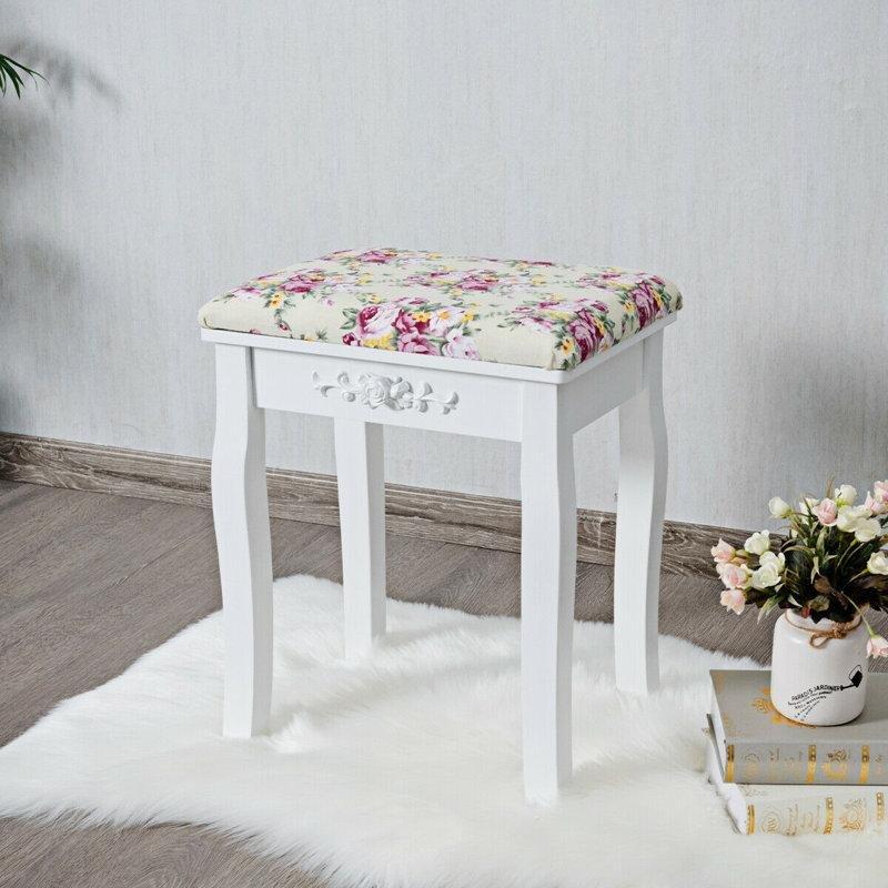 Beyaz Masif Ahşap ve MDF Güllü Kumaş Kıvrımlı Bacaklı Makyaj Masası Pufu - 41x31 cm - 233536