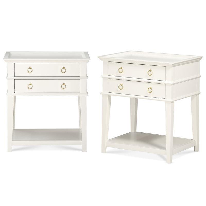 Beyaz Masif Ahşap ve MDF İki Çekmeceli Açık Raflı Gold Kulplu İkili Komodin Seti - 67 cm - 223568