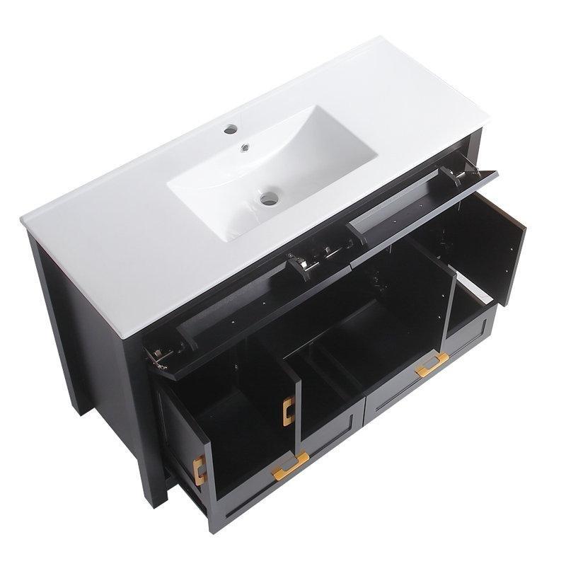 Beyaz Masif Ahşap ve MDF Yavaş Kapanır Çekmeceli Gold Kulplu Banyo Lavabo Dolabı - 121 cm - 197548