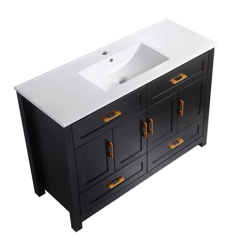 Beyaz Masif Ahşap ve MDF Yavaş Kapanır Çekmeceli Gold Kulplu Banyo Lavabo Dolabı - 121 cm - 197548