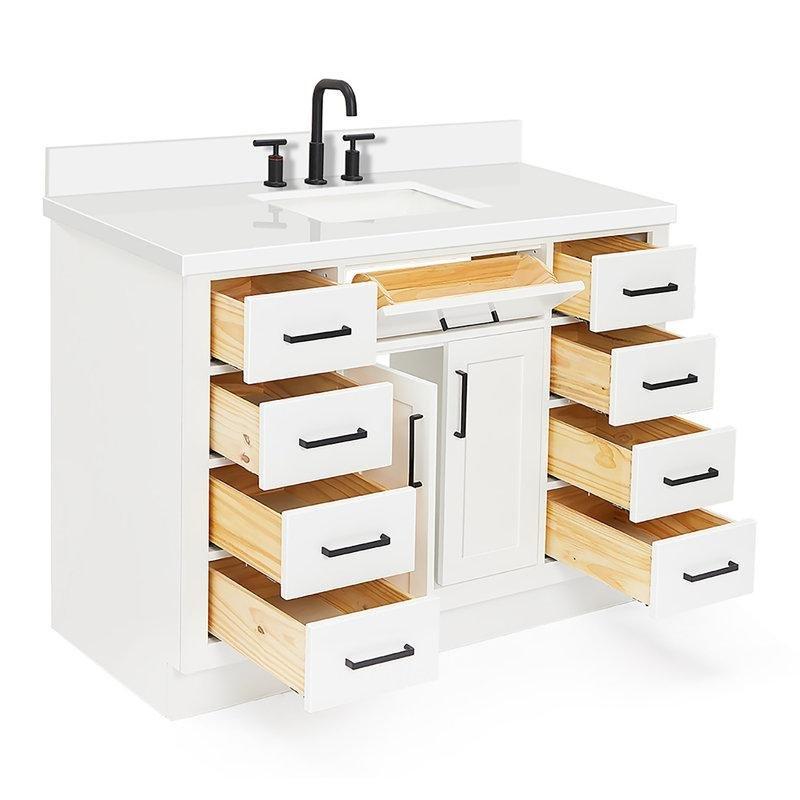 Beyaz Masif Ahşap Yavaş Kapanır Çekmeceli Kuvars Tezgahlı Banyo Lavabo Dolabı - 125 cm - 198106