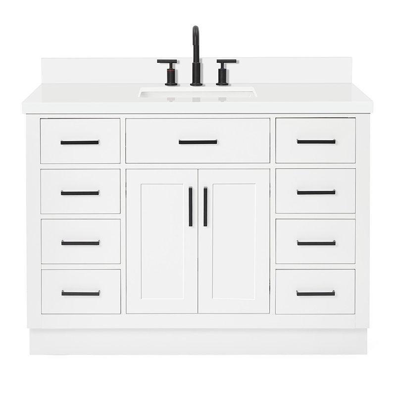 Beyaz Masif Ahşap Yavaş Kapanır Çekmeceli Kuvars Tezgahlı Banyo Lavabo Dolabı - 125 cm - 198106