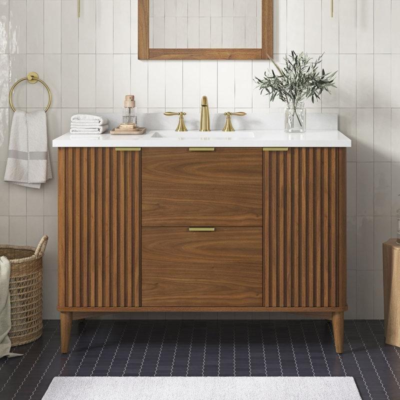 Beyaz Masif Ahşap Yivli Tasarım Ayaklı Banyo Lavabo Dolabı - 122 cm - 201126