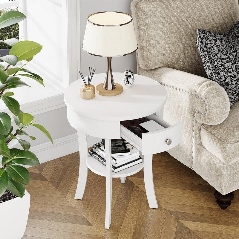 Beyaz Masif Ahşap Yuvarlak Raflı ve Çekmeceli Komodin Seti - 51 cm - 223982