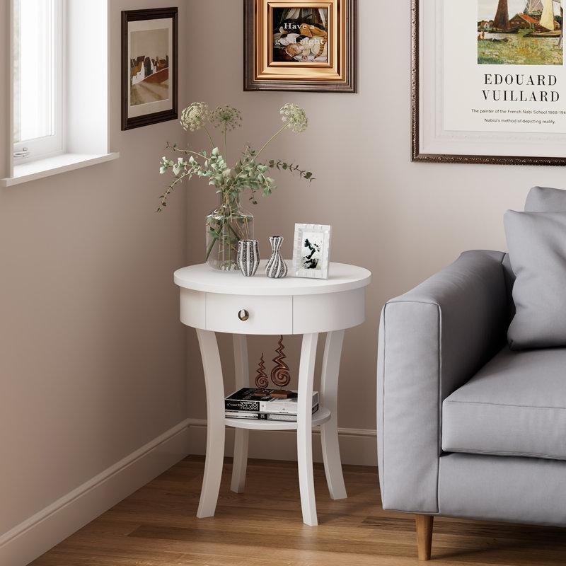 Beyaz Masif Ahşap Yuvarlak Raflı ve Çekmeceli Komodin Seti - 51 cm - 223982