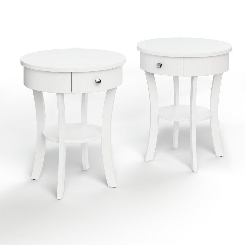 Beyaz Masif Ahşap Yuvarlak Raflı ve Çekmeceli Komodin Seti - 51 cm - 223982