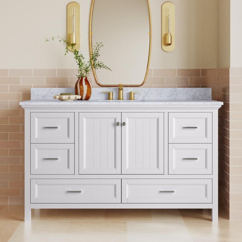 Beyaz Masif Çam Ağacı Ayaklı Carrara Mermeri Tezgahlı 6 Çekmeceli Banyo Lavabo Dolabı - 153 cm - 199759