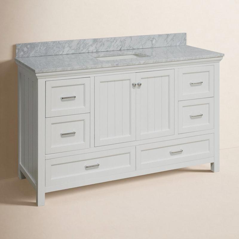 Beyaz Masif Çam Ağacı Ayaklı Carrara Mermeri Tezgahlı 6 Çekmeceli Banyo Lavabo Dolabı - 153 cm - 199759