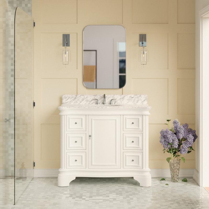 Beyaz Masif Çam Ağacı Carrara Mermer Tezgahlı Yavaş Kapanan 6 Çekmeceli Banyo Lavabo Dolabı - 107 cm - 200884