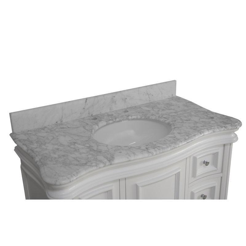 Beyaz Masif Çam Ağacı Carrara Mermer Tezgahlı Yavaş Kapanan 6 Çekmeceli Banyo Lavabo Dolabı - 107 cm - 200884
