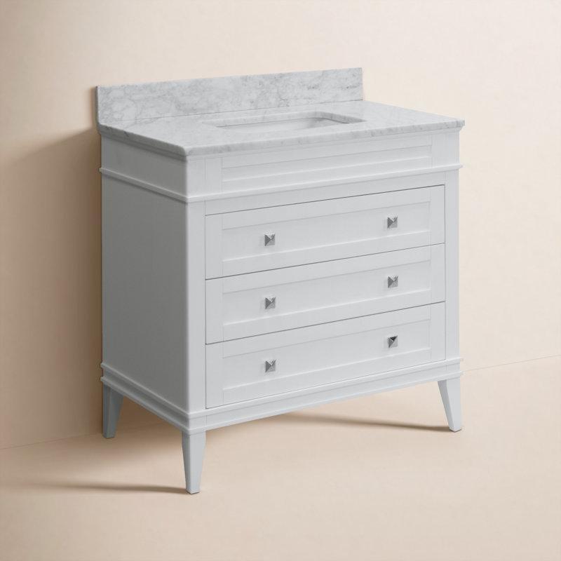 Beyaz Masif Çam Ağacı Carrara Mermer Tezgahlı Yavaş Kapanır Ayaklı Banyo Dolabı - 77 cm - 198003