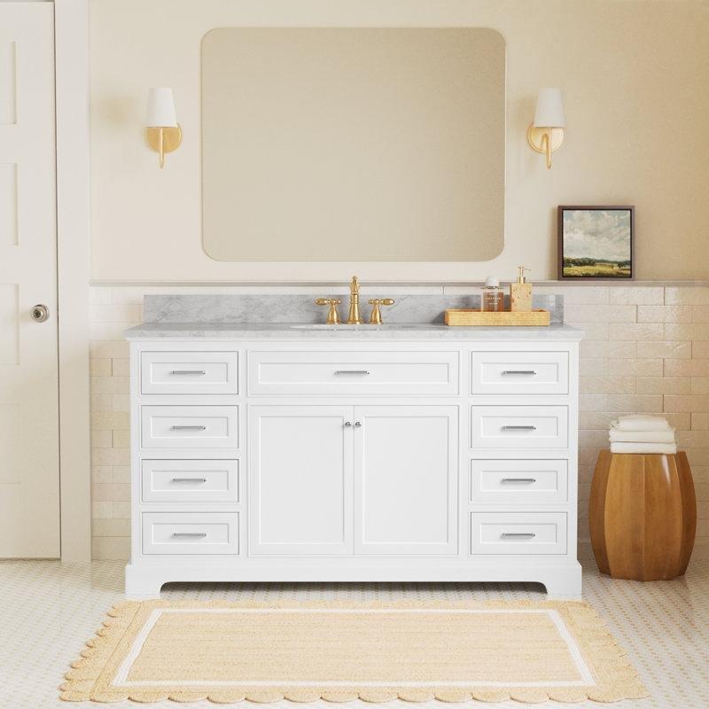 Beyaz Masif Çam Ahşap Carrara Mermer Tezgahlı Sekiz Çekmeceli Banyo Lavabo Dolabı - 153 cm - 200804