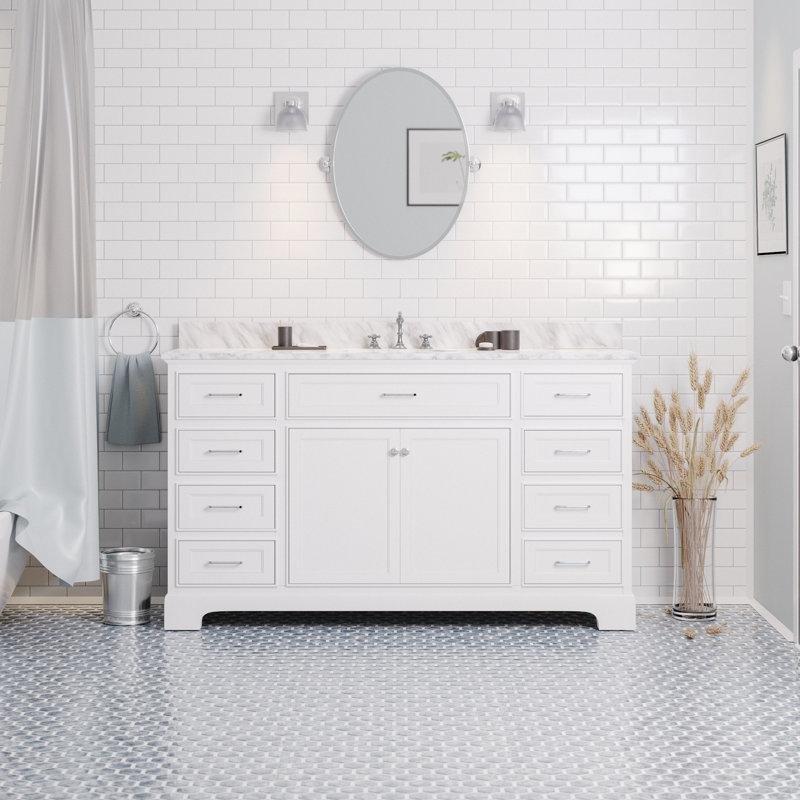 Beyaz Masif Çam Ahşap Carrara Mermer Tezgahlı Sekiz Çekmeceli Banyo Lavabo Dolabı - 153 cm - 200804