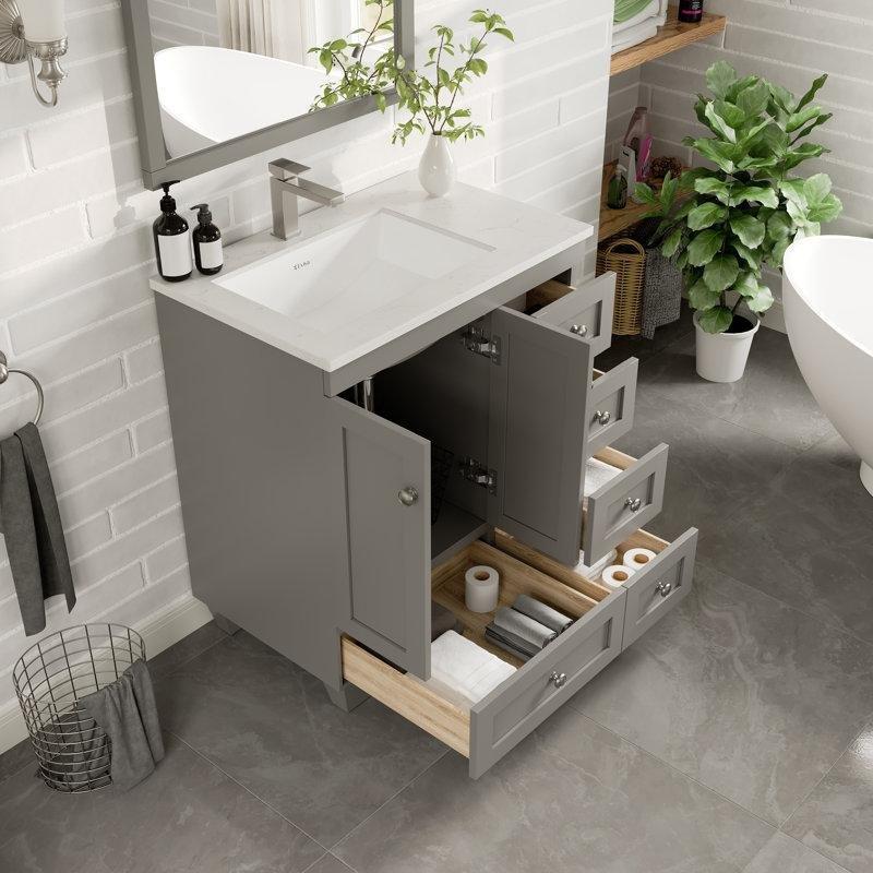Beyaz Masif Huş Ağacı Carrara Mermer Tezgahlı Yavaş Kapanır Çekmeceli Banyo Lavabo Dolabı - 72 cm - 201289