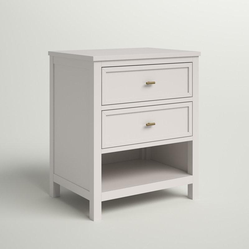 Beyaz Masif Kauçuk Ağacı İki Çekmeceli Raflı Komodin - 60 cm - 223283