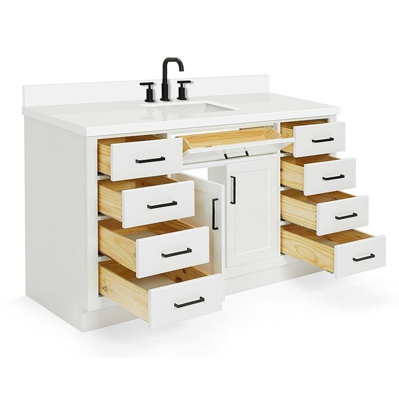 Beyaz Masif Kauçuk Ağacı Kuvars Tezgahlı Yavaş Kapanır Çekmeceli Banyo Lavabo Dolabı - 155 cm - 197709