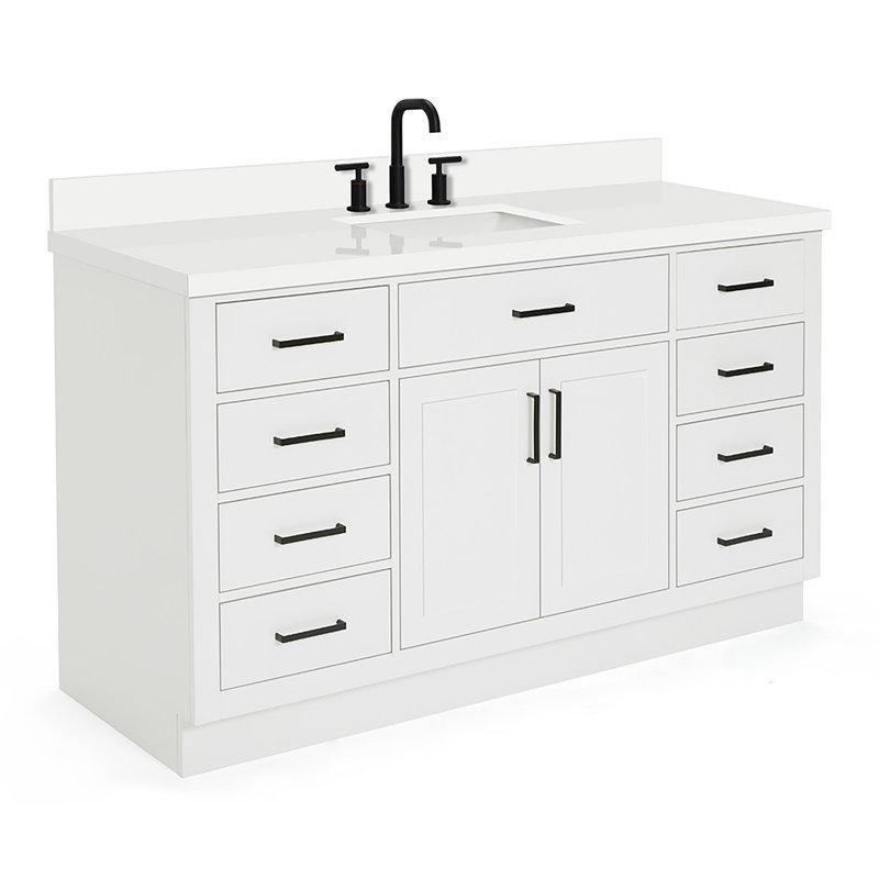Beyaz Masif Kauçuk Ağacı Kuvars Tezgahlı Yavaş Kapanır Çekmeceli Banyo Lavabo Dolabı - 155 cm - 197709