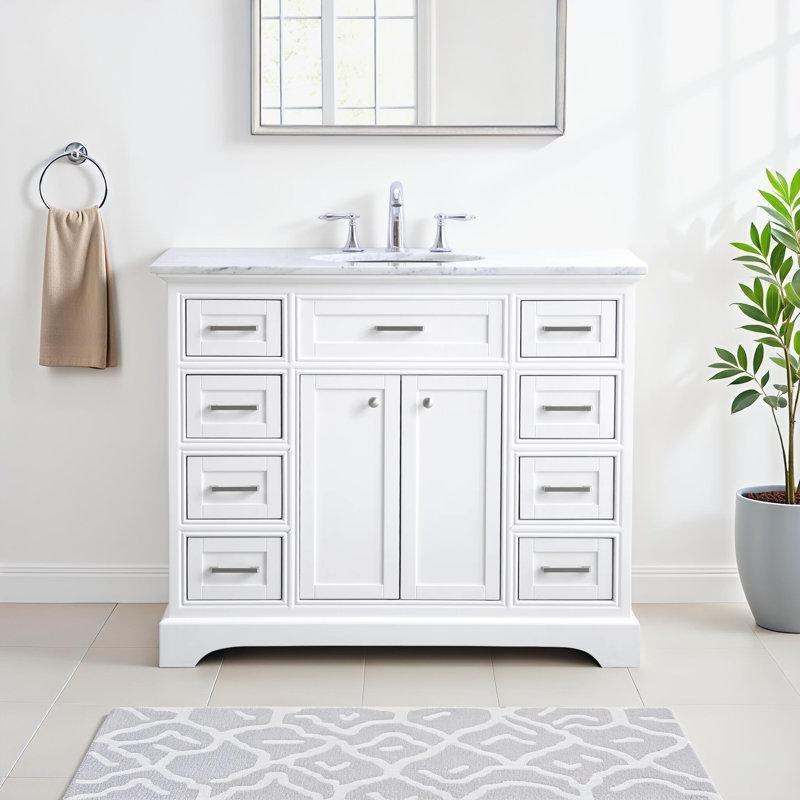Beyaz Masif Kauçuk Ağacı Mermer Tezgahlı ve 8 Çekmeceli Banyo Lavabo Dolabı - 107 cm - 201941