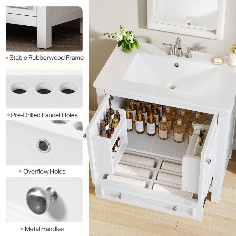 Beyaz Masif Kauçuk Ağacı ve MDF Yavaş Kapanır Çekmeceli Ayaklı Banyo Lavabo Dolabı - 77 cm - 198181