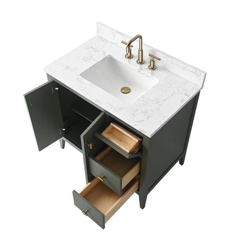 Beyaz Masif Kavak Ağacı Endüstriyel Mermer Tezgahlı Yavaş Kapanan Çekmeceli Ayaklı Banyo Lavabo Dolabı - 92 cm - 198551