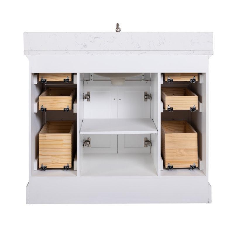 Beyaz Masif Kavak Ağacı Endüstriyel Taş Tezgahlı Yavaş Kapanan Banyo Lavabo Dolabı - 107 cm - 198210