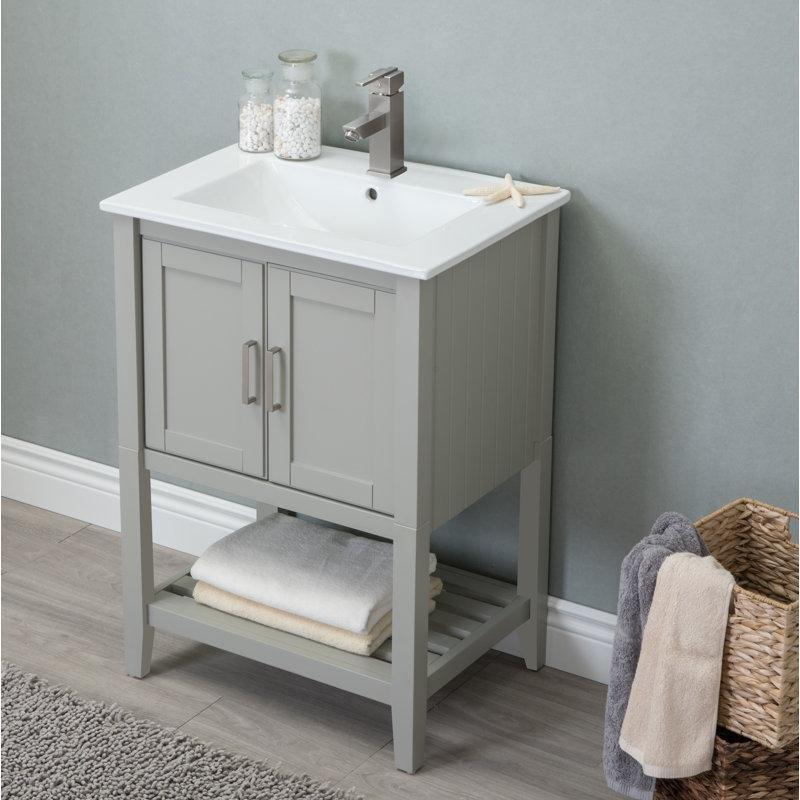 Beyaz Masif Kavak ve Endüstriyel Ahşap Seramik Lavabolu Ayaklı Banyo Dolabı - 60 cm - 200300