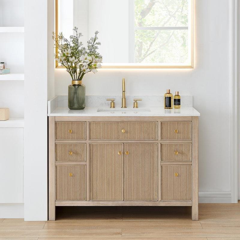 Beyaz Masif Ladin Ahşap Gövdeli Endüstriyel Taş Tezgahlı 7 Çekmeceli Banyo Lavabo Dolabı - 122 cm - 199793